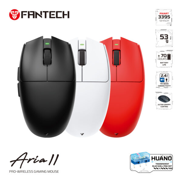 Fantech Aria II Pro Wireless Gaming Mouse, 3395 Sensor, 53g Ultra-Light, 70Hr Battery Life, Tri-Mode Connectivity, Mac/Win.