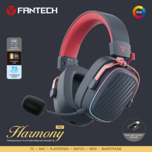 Fantech Harmony Pro WHG02P Gaming Wireless Headset, 7.1 Surround Sound, RGB, 90-Hour Battery, Multi-Platform Compatible, 50mm Driver, Detachable Mic, Pc/Mac/playstation/smartphone