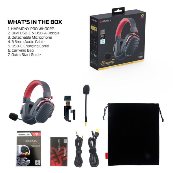 Fantech Harmony Pro WHG02P Gaming Wireless Headset, 7.1 Surround Sound, RGB, 90-Hour Battery, Multi-Platform Compatible, 50mm Driver, Detachable Mic, Pc/Mac/playstation/smartphone - Image 6