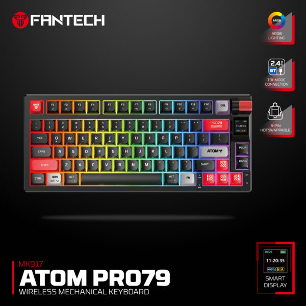 Fantech ATOM PRO79 Wireless Mechanical Keyboard, 80% 79 Keys, RGB Backlit, Smart Display, 4000mAh Battery, BT 5.0 + 2.4GHz, Black, Red switch - Image 2