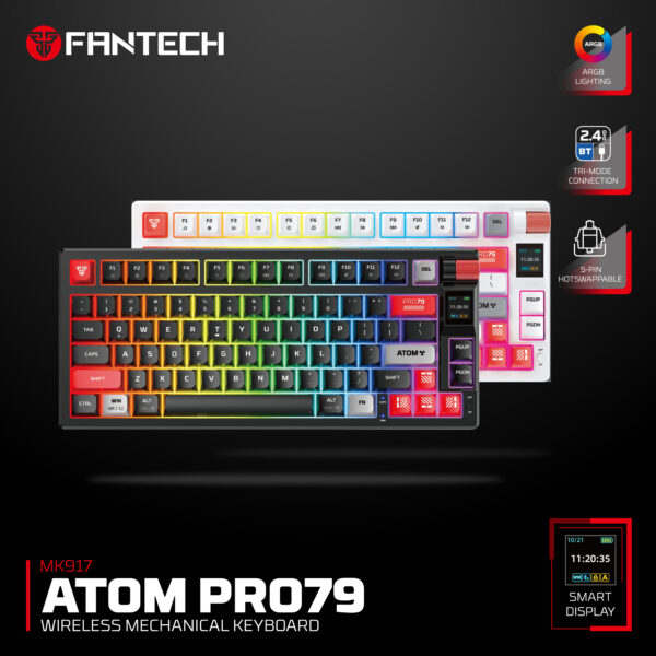 Fantech ATOM PRO79 Wireless Mechanical Keyboard, 80% 79 Keys, RGB Backlit, Smart Display, 4000mAh Battery, BT 5.0 + 2.4GHz, Black, Red switch